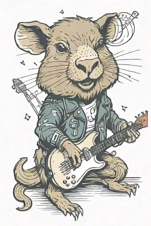 an anthropomorphic capybara in a leather jacket playing guitar.  tattoo design idea