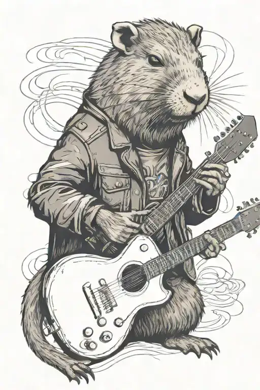 an anthropomorphic capybara in a leather jacket playing guitar.  tattoo design idea