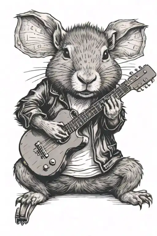 an anthropomorphic capybara in a leather jacket playing guitar.  tattoo design idea