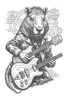 an anthropomorphic capybara in a leather jacket playing guitar.  tattoo design idea
