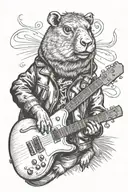an anthropomorphic capybara in a leather jacket playing guitar.  tattoo design idea
