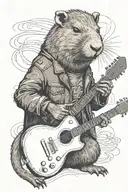 an anthropomorphic capybara in a leather jacket playing guitar.  tattoo design idea