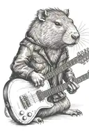 an anthropomorphic capybara in a leather jacket playing guitar.  tattoo design idea
