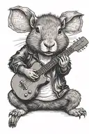 an anthropomorphic capybara in a leather jacket playing guitar.  tattoo design idea