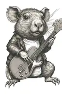 an anthropomorphic capybara in a leather jacket playing guitar.  tattoo design idea