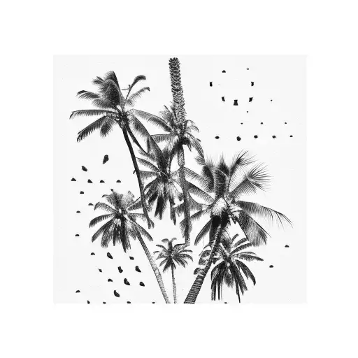 antique columns, palm trees, magpie bird tattoo design idea