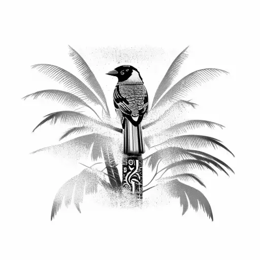 antique columns, palm trees, magpie bird tattoo design idea