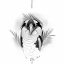 antique columns, palm trees, magpie bird tattoo design idea