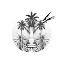 antique columns, palm trees, magpie bird tattoo design idea