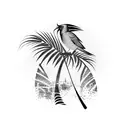 antique columns, palm trees, magpie bird tattoo design idea
