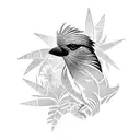 antique columns, palm trees, magpie bird tattoo design idea