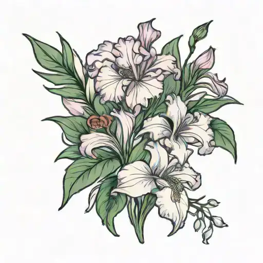 iris flower, rose flower, Lily flower, gladiolo flower, aster flower tattoo design idea