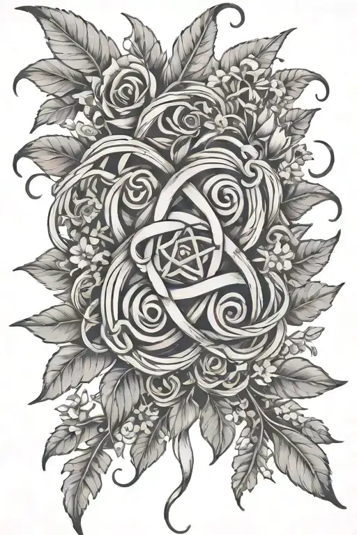 witch's knot surrounded by leaves and wild flowers tattoo design idea