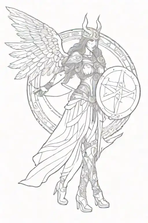 A sketch of a Norse Valkyrie holding a shield with protective runes, representing the client's interest in Norse mythology and protection symbols tattoo design idea