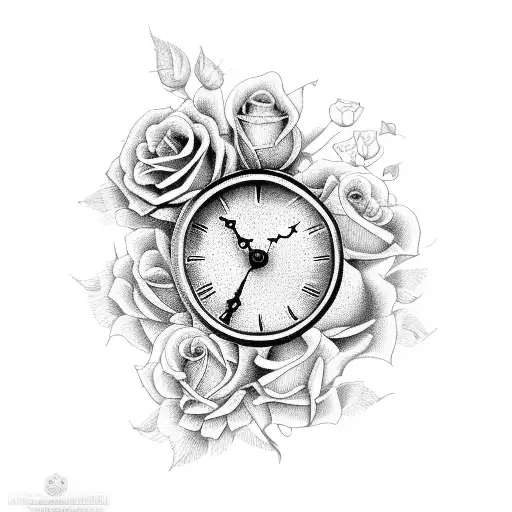 old clock with roses and names tattoo design idea