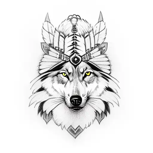 woman with indian headdress and wolf tattoo design idea