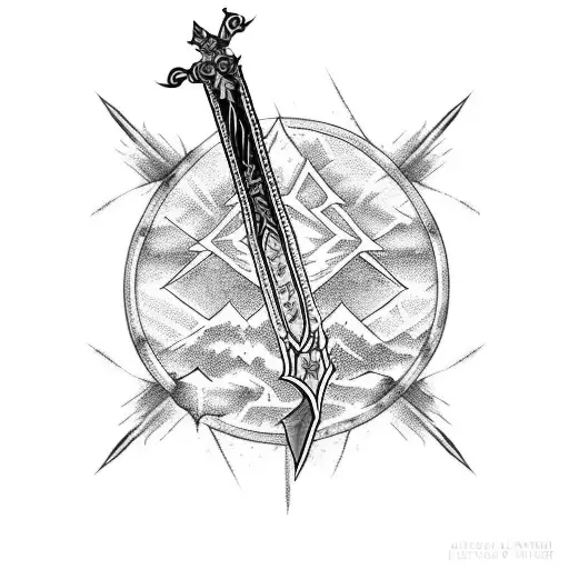A Master Sword wrapped in barbed wire with a desert sunset backdrop tattoo design idea