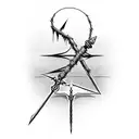 A Master Sword wrapped in barbed wire with a desert sunset backdrop tattoo design idea