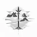 A Master Sword wrapped in barbed wire with a desert sunset backdrop tattoo design idea