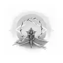 A Master Sword wrapped in barbed wire with a desert sunset backdrop tattoo design idea