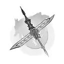 A Master Sword wrapped in barbed wire with a desert sunset backdrop tattoo design idea