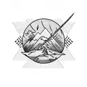 A Master Sword wrapped in barbed wire with a desert sunset backdrop tattoo design idea