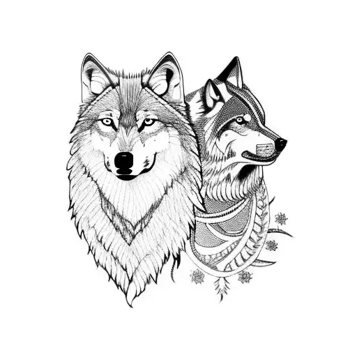 wolf with female indian tattoo design idea
