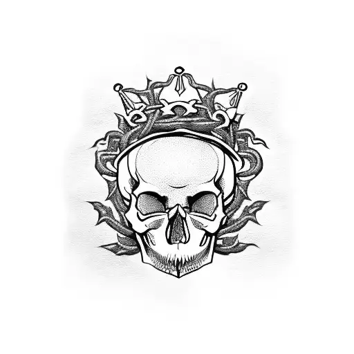 A skull with a crown made out of letter M intertwined with vines tattoo design idea