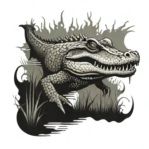 A sinister crocodile lurking in murky swamp waters tattoo design idea