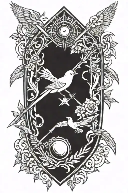 Sun, 4 birds, spear and shield tattoo design idea