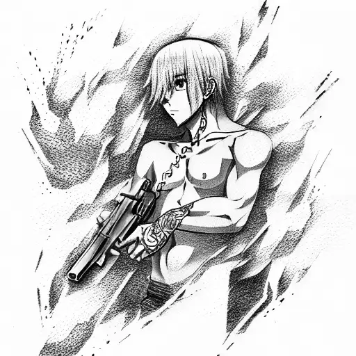 anime style man with gun tattoo design idea