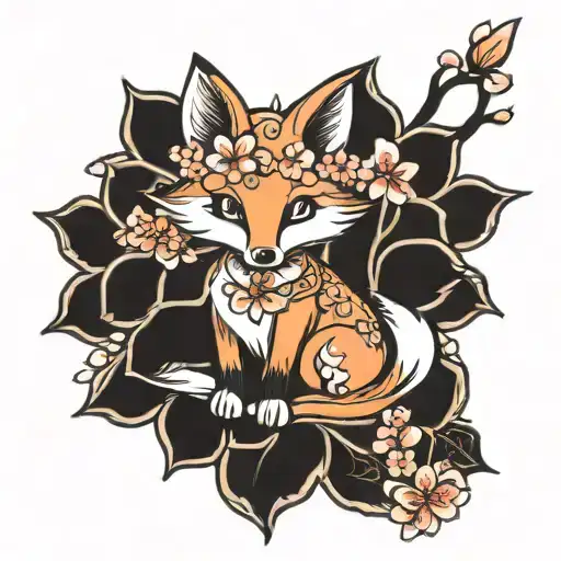 cartoone fox inside flower blooming cherry blossom tattoo design idea