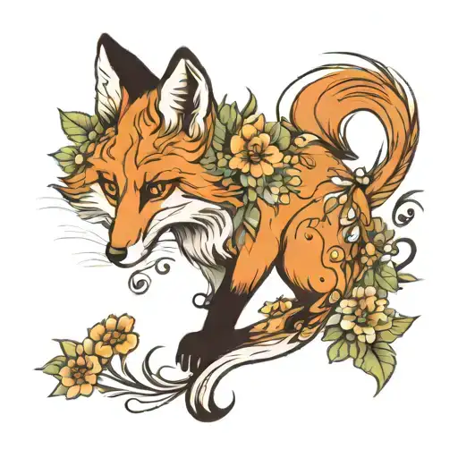 fox with floral ornament tattoo design idea