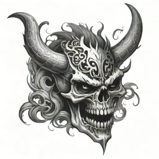 a demonic smiling skull with horns, that is in a combination with a flying phoenix coming out of it tattoo design idea