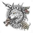 wolf head, dragon head, buck head forming a circle tattoo design idea