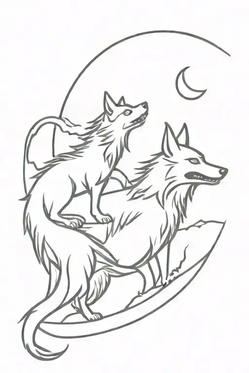 dragon and moon and wolf howling tattoo design idea