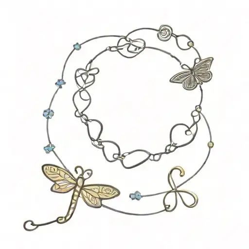 Simulation of anklet bracelet with heart with infinity symbol + dragonfly tattoo design idea