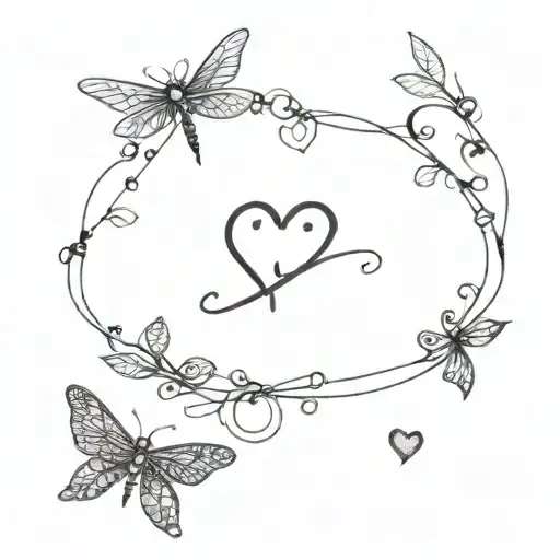 as if wearing an anklet bracelet with a heart with an infinity symbol + dragonfly on the left foot tattoo design idea