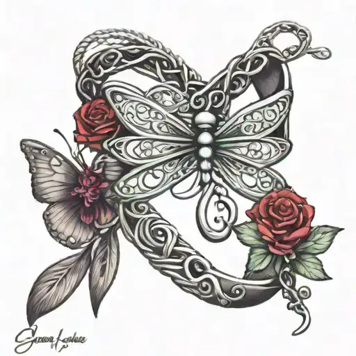 Anklet with heart with infinity symbol + dragonfly tattoo design idea