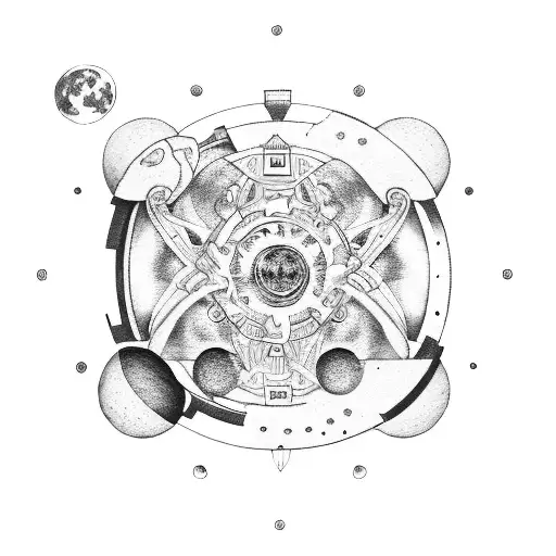 A mechanical gear-shaped moon with astrology symbols and a cat silhouette inside tattoo design idea