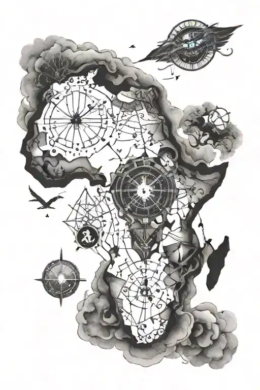 African continent with eye and compass on top of it full sleeve  tattoo design idea