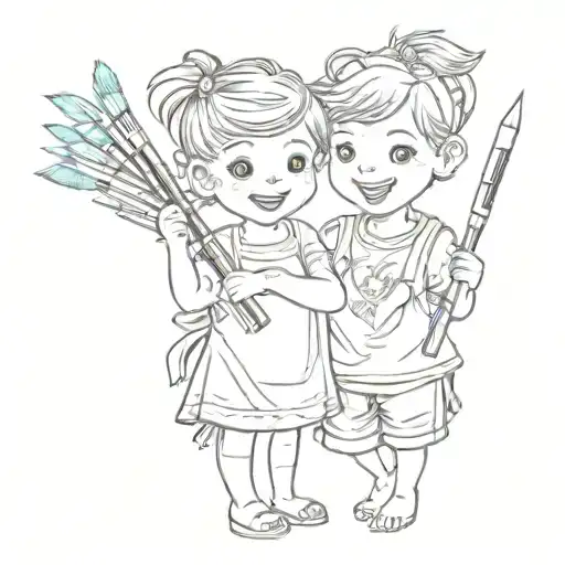 A tattoo design featuring two playful children surrounded by colorful paintbrushes and pencils, symbolizing your love for painting and drawing tattoo design idea