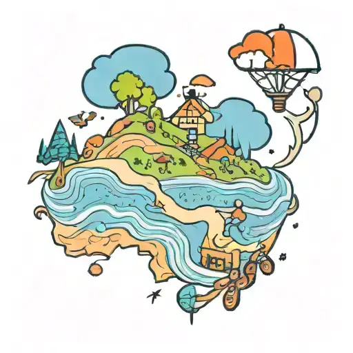 A tattoo design featuring a whimsical map with a trail of footprints leading to two small figures representing your kids, symbolizing your love for travel and family tattoo design idea