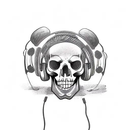 A tattoo design of a skull wearing headphones and DJing with a lion and gun as backup dancers tattoo design idea