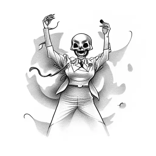 A tattoo design of a secretary dancing gracefully with a skull and gun as dance partners tattoo design idea