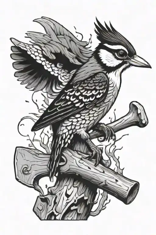 woodpecker sitting on a axe tattoo design idea