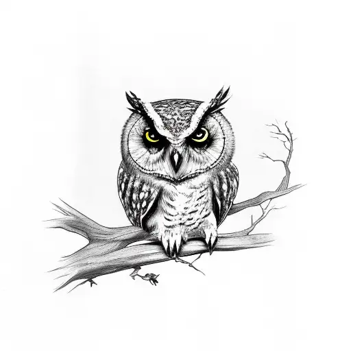 owl, right side, on branch, full body  tattoo design idea