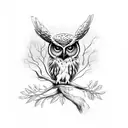 full body owl on branch, right side, no features tattoo design idea