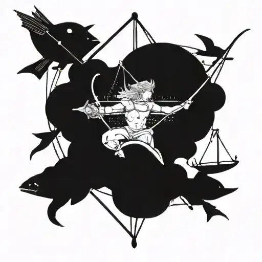 A celestial Sagittarius archer shooting an arrow through a scale representing Libra, surrounded by a school of fish tattoo design idea