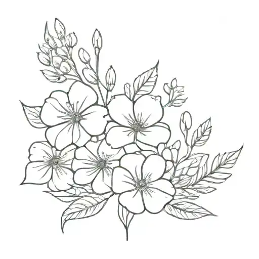 Simple fine line bouquet of birth month flowers flowers, january, march ,may, july, September, October  tattoo design idea
